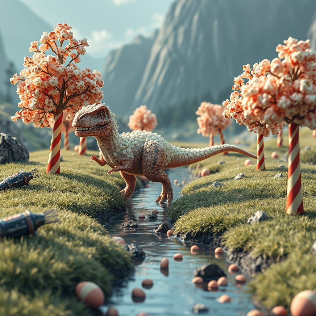 Popcorn Dinosaur in a Candy Landscape, Anime Art