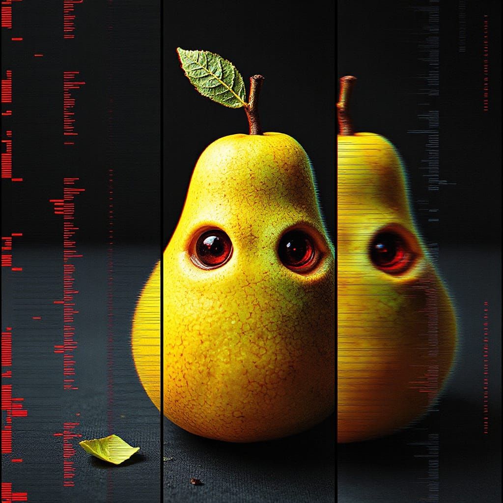 Glitchpunk Triptych: Warped Pear in Surreal Style