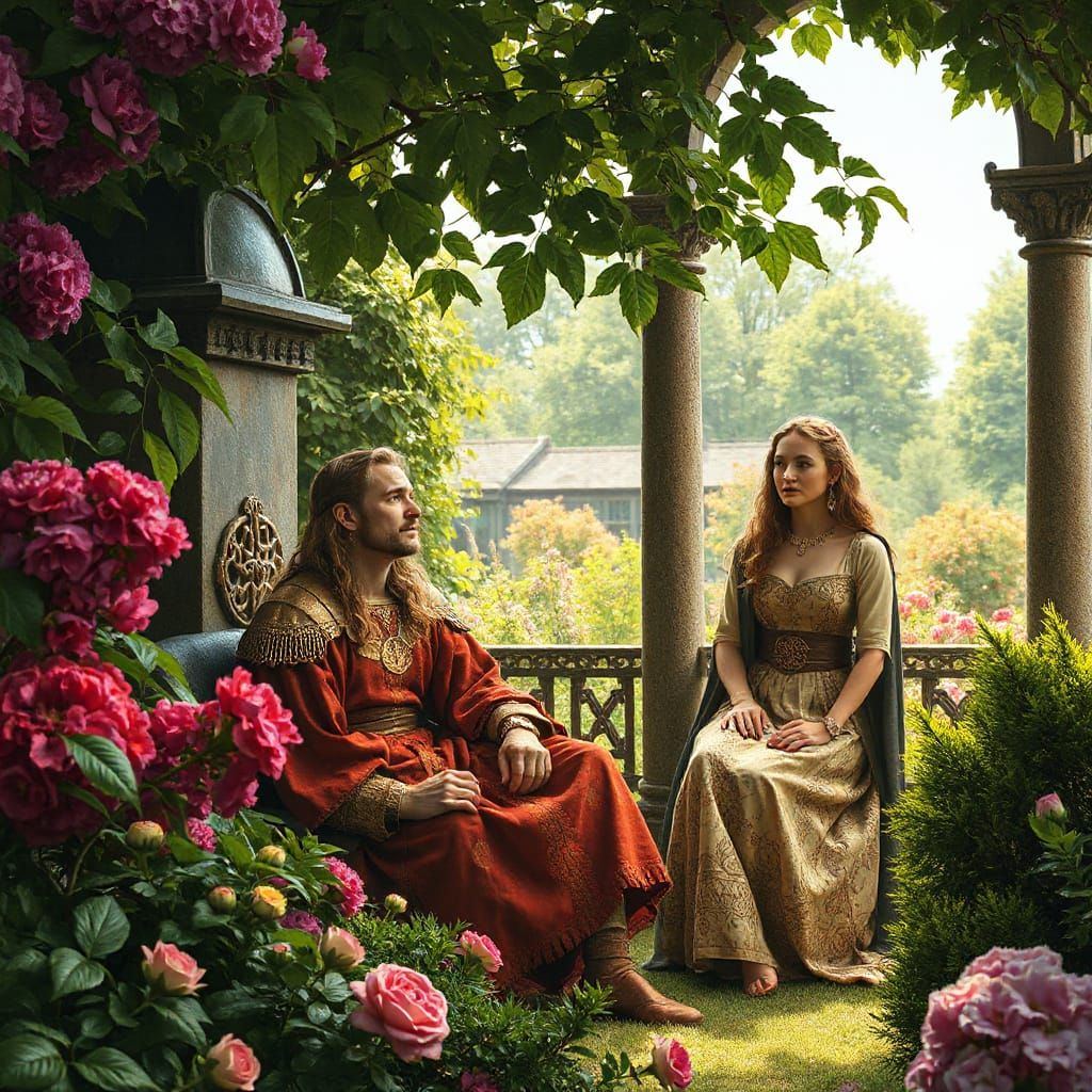 Ancient Celtic King in Summer Garden with Ladies
