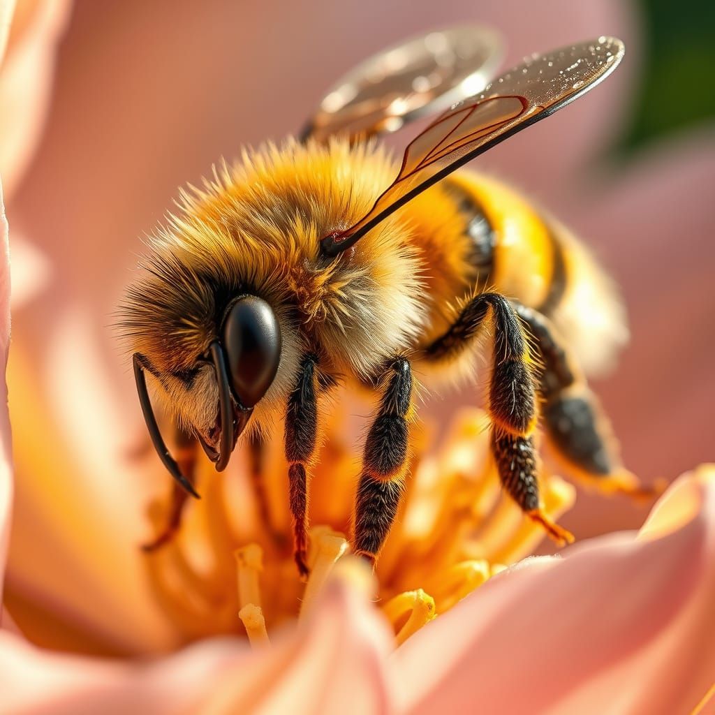Vibrant Honey Bee Collects Pollen in Delicate Floral Scene