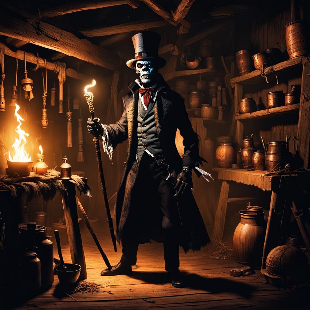 Baron Samedi in Dimly Lit Voodoo Shack
