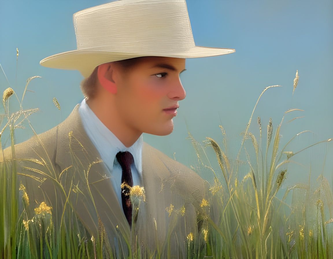 Man in Field, Evocative Portrait in Waterhouse Style