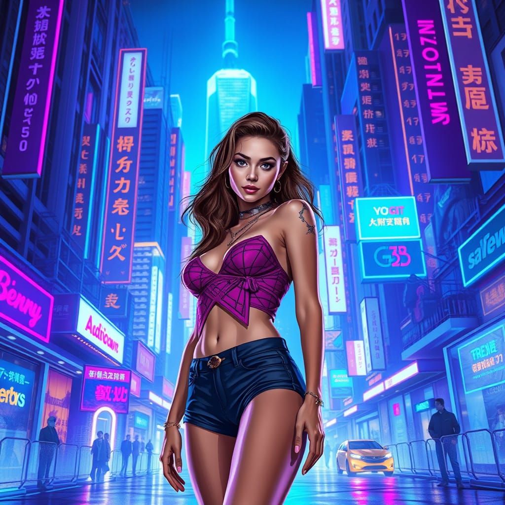 Electric Blue Cityscape in Cyberpunk Style