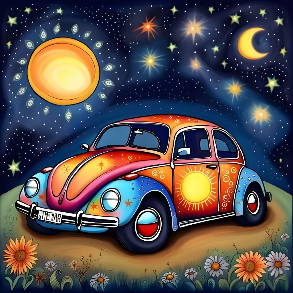 Hippy VW Beetle Car Under Night Sky