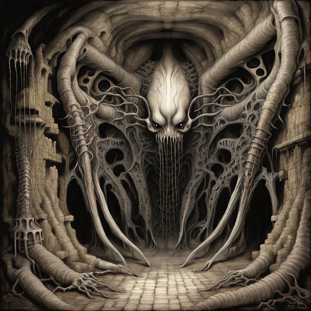 Biomechanical Abomination in Cavernous Horror Setting