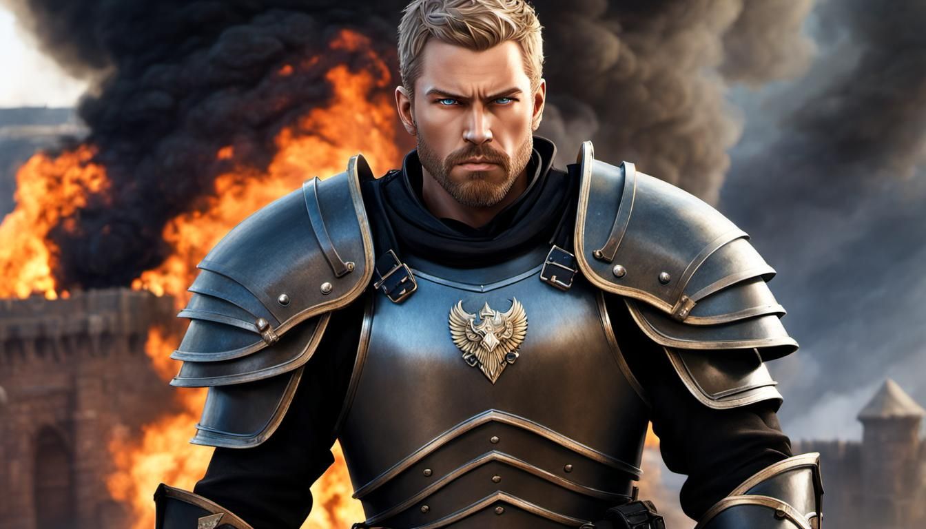 Gritty Fantasy Warrior Leaving Burning Fort