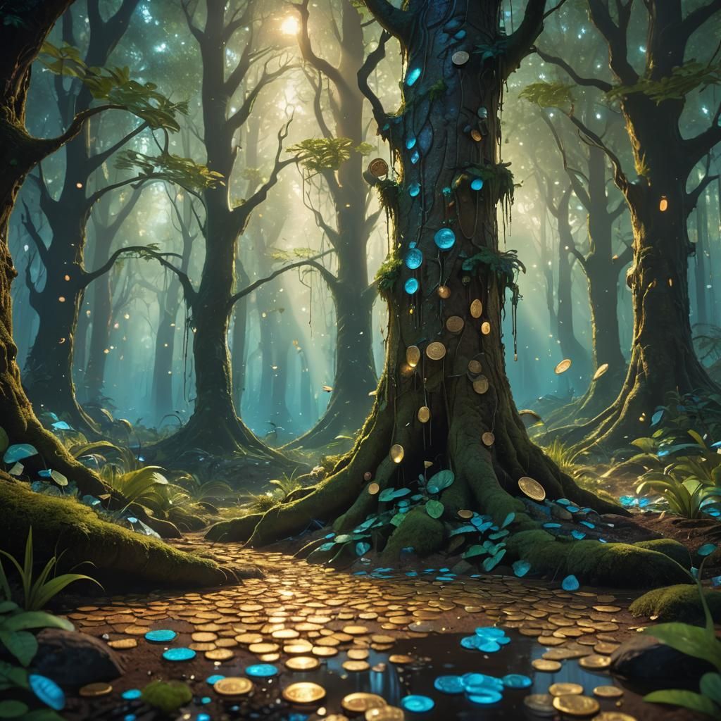 Mystical Forest with Dripping Dirt and Shiny Coins