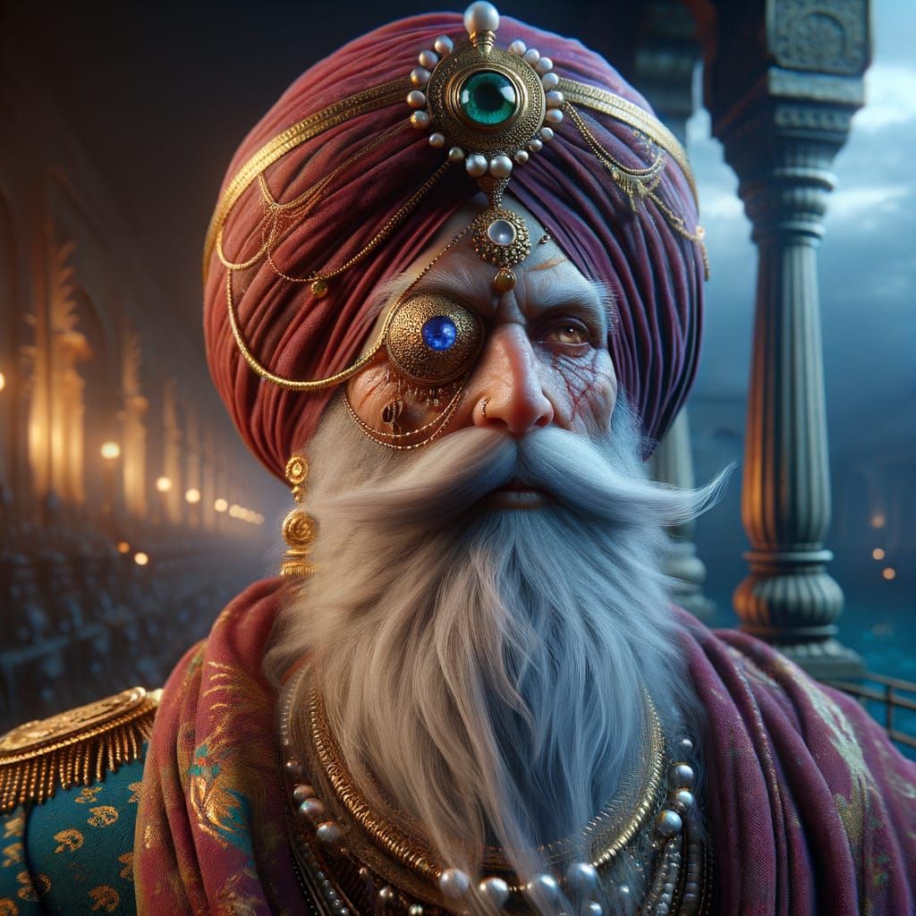 Regal Portrait of a Sikh Dignitary in Detailed Matte Paintin...