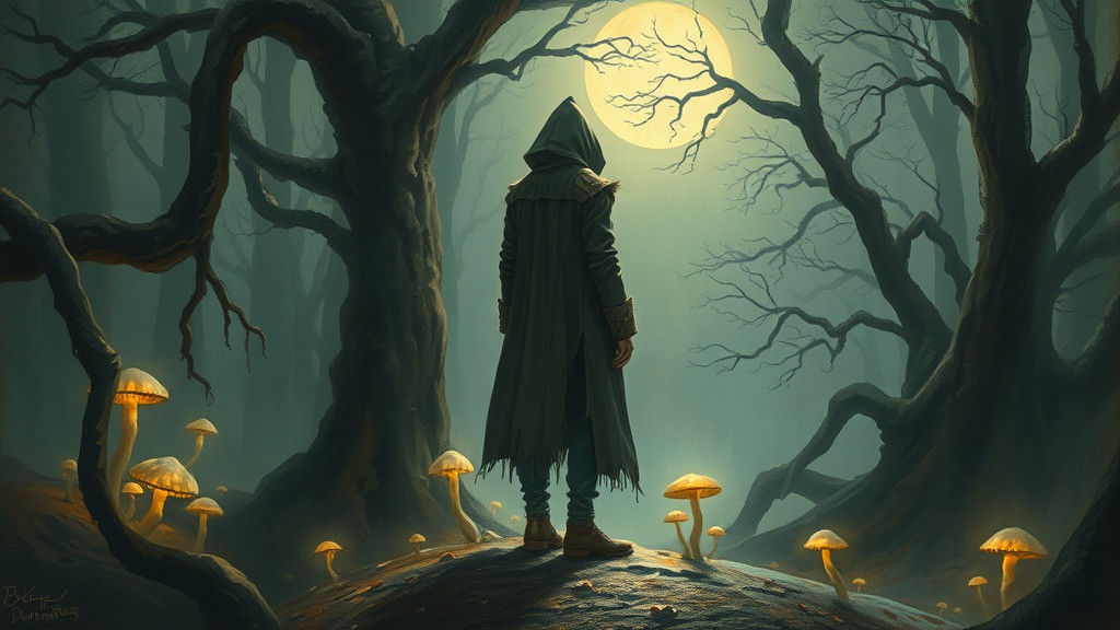 Ethereal Figure in Moonlit Forest, in Oil Painting Style