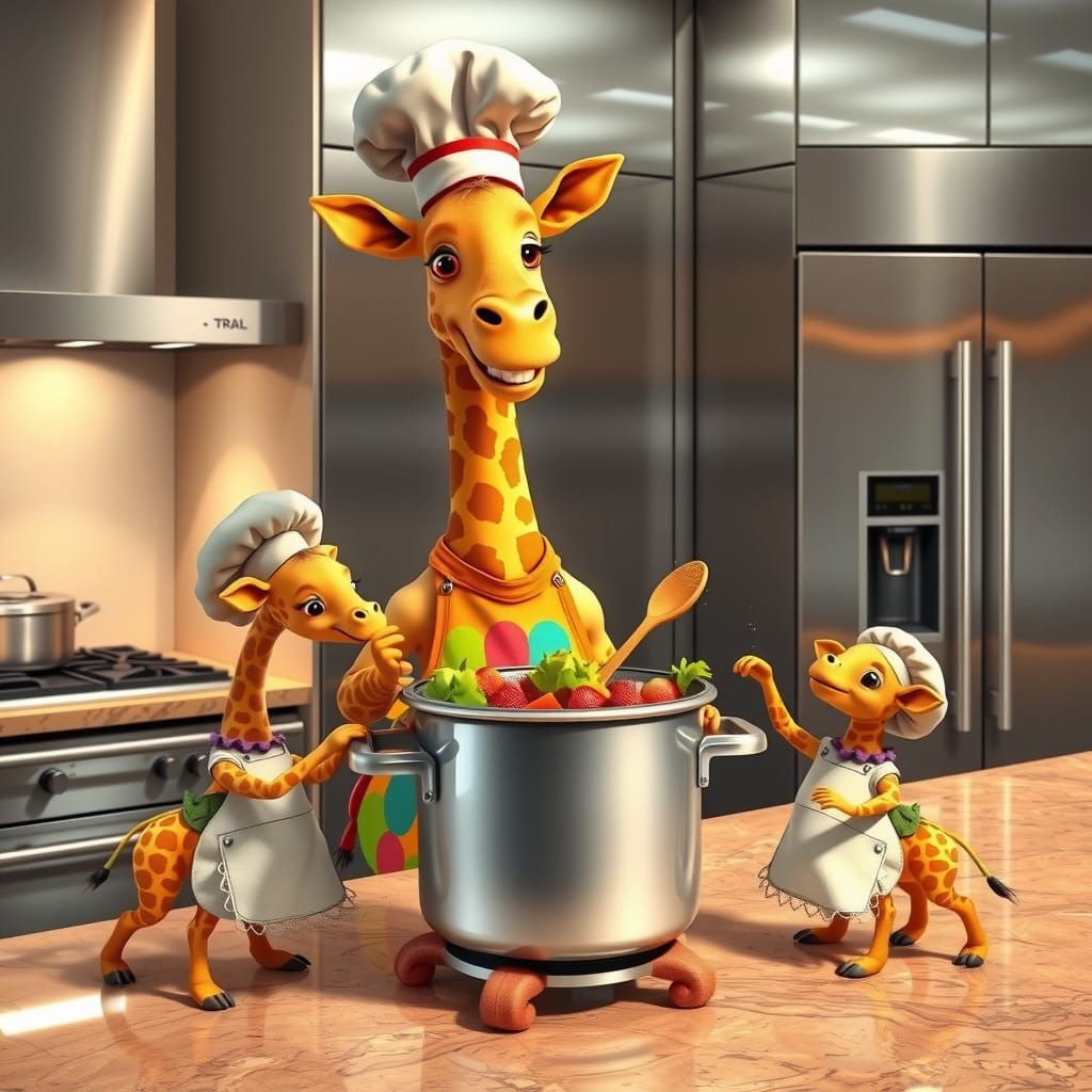 Surreal Whimsy in Modern Kitchen: Giraffe Family Cooks Golde...