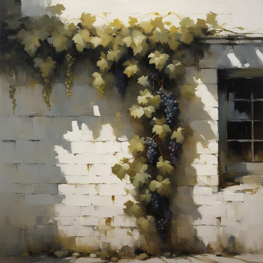 Sunlit Grape Vine on White Brick Wall as Impasto Painting