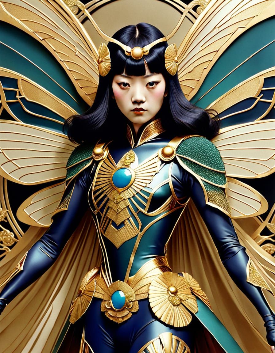 Art Deco Japanese Moth Superhero with Goldwork