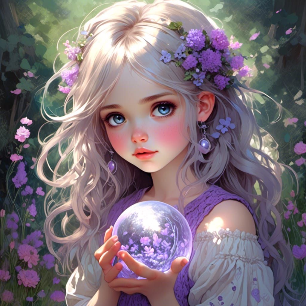 Chibi Girl with Glowing Sphere in Garden Meadow