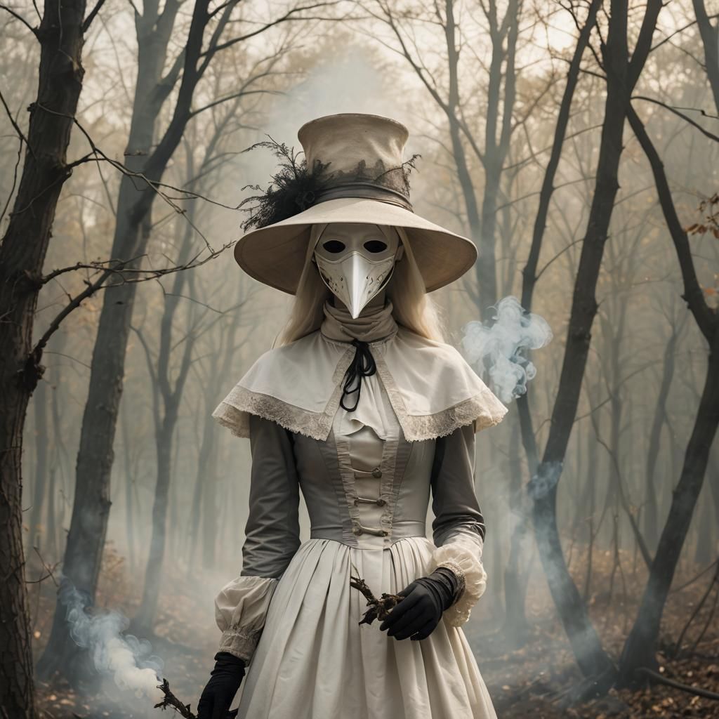 Ethereal Plague Doctor in Misty Forest, Photo Quality