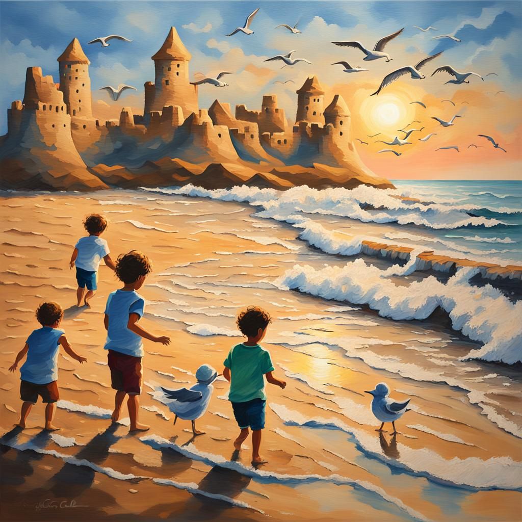 Children Build Sandcastle: Impressionist Acrylic Beach Art