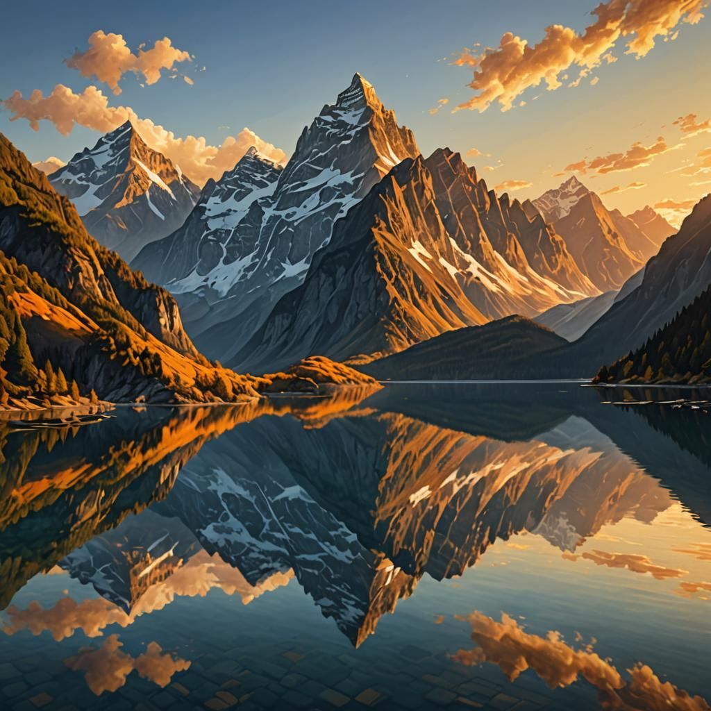 Golden Hour: Mountains Reflected on Tranquil Sea