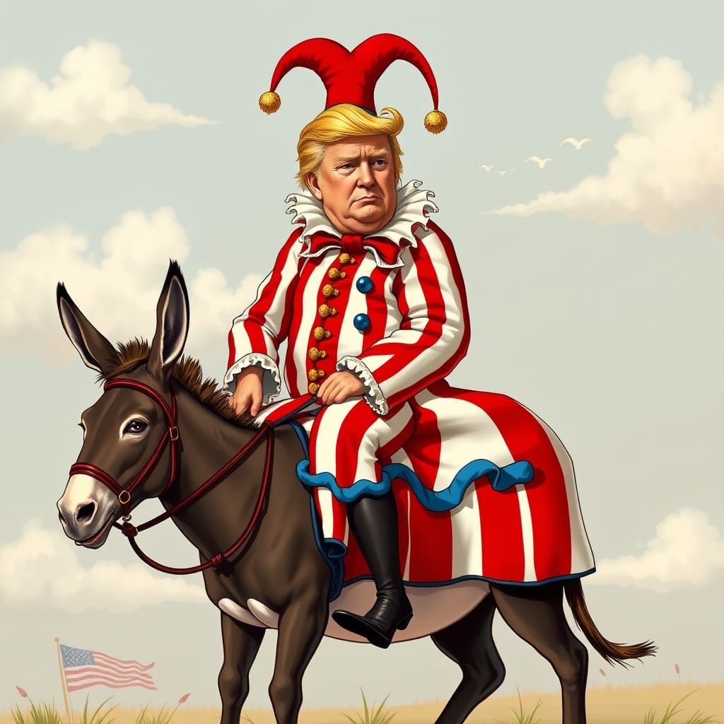 Satirical Court Jester Trump Rides Humble Donkey in Patrioti...