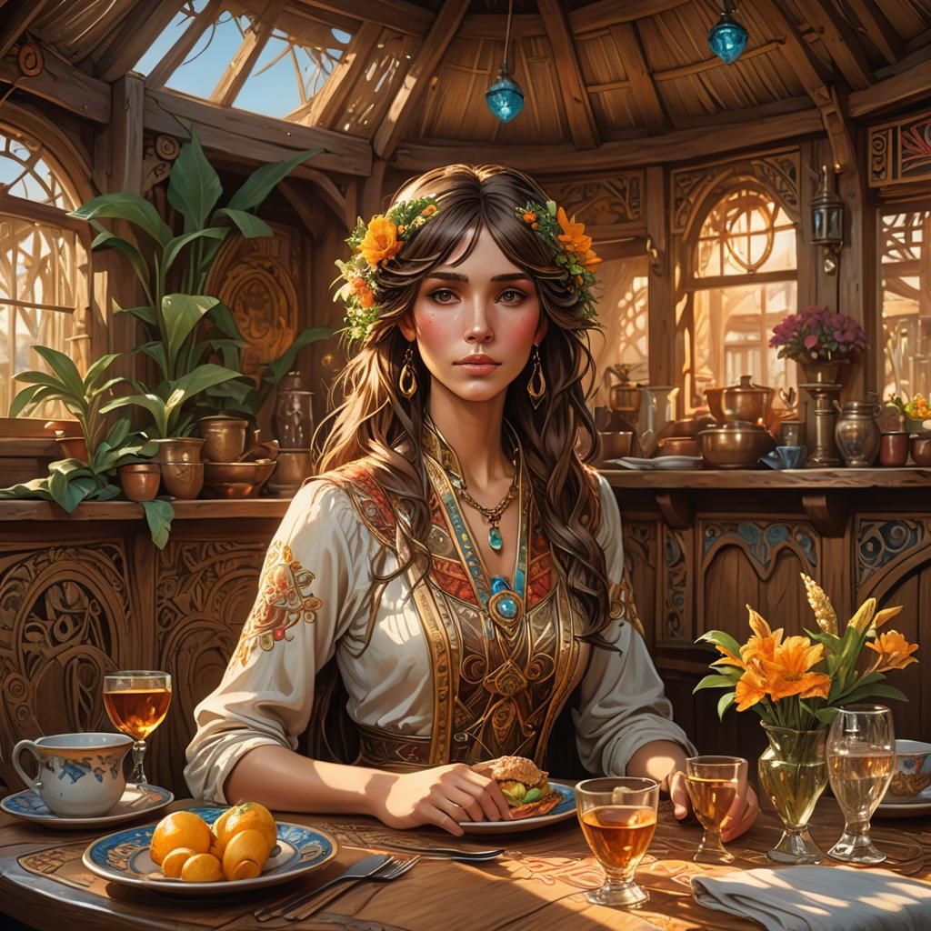 Art Nouveau Host at Rustic Dining Table