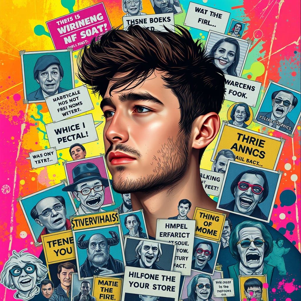 Person Surrounded by Memes in Splash Art Style