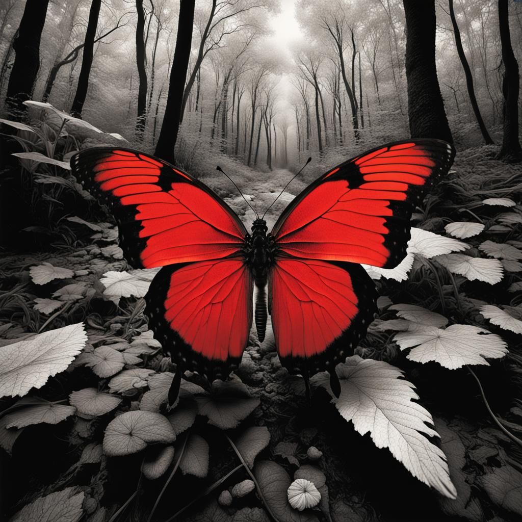 Luminous Red Butterfly in Infrared Photography Style