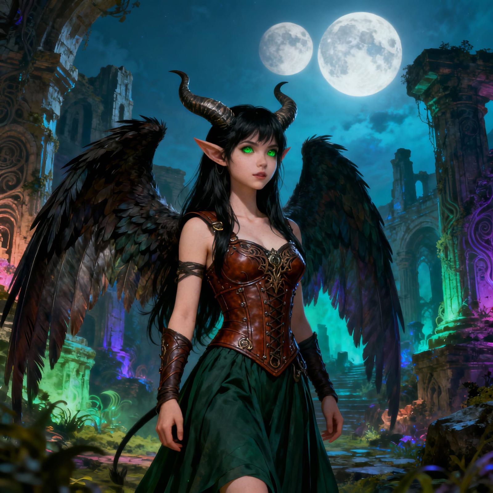 Epic Tiefling Warrior with Feathered Wings in Fantasy Ruins