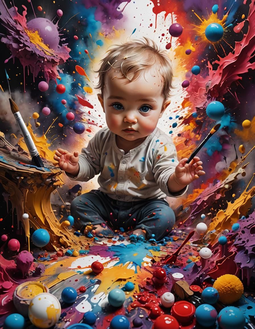 Baby Calligrapher in Ink Explosion, Hyperrealistic 3D Art