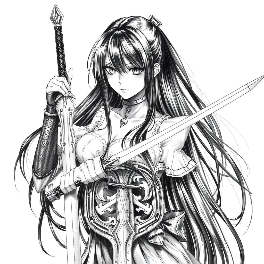 Beautiful Female Warrior with Long Black Hair Wielding a Swo...