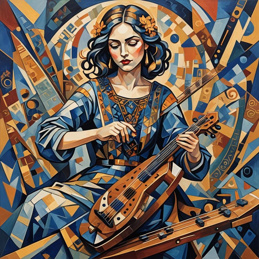 Geometric Cubist Painting of Circe Playing Dulcimer