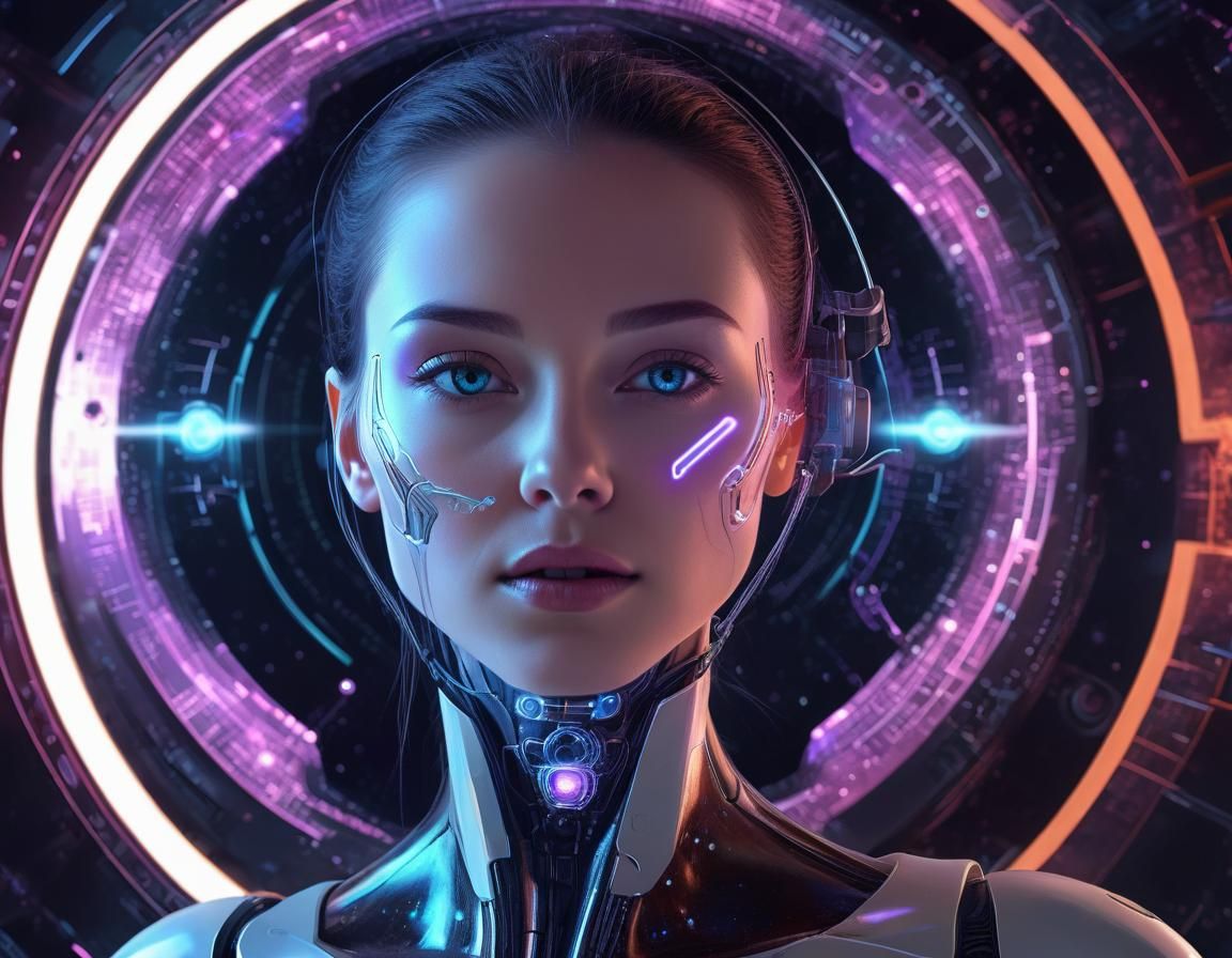 Futuristic Android Woman in Laboratory with Space Portal