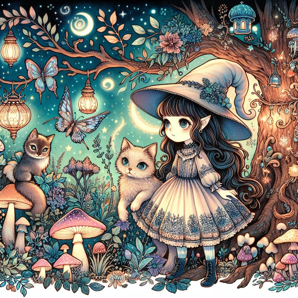 Enchanted Forest: Witch, Cat, and Magical Tree