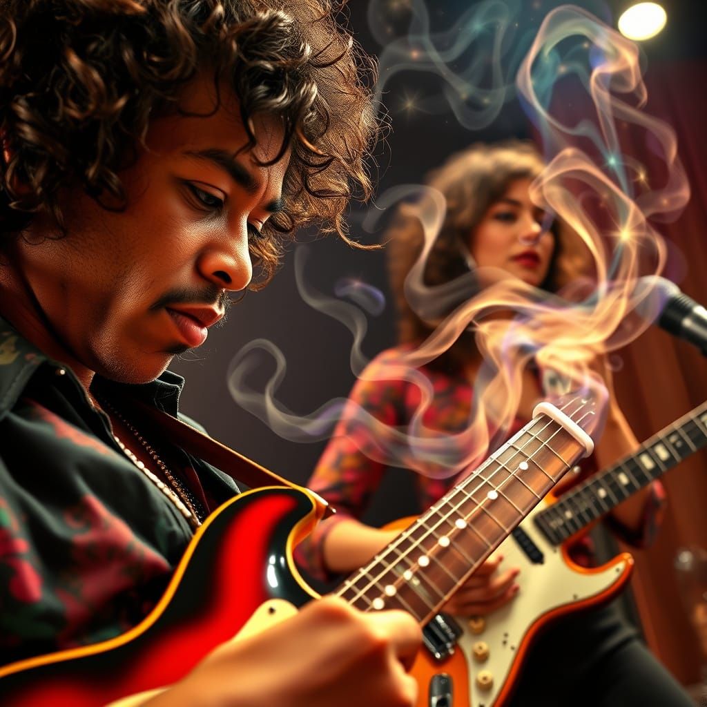 Jimi Hendrix and Female Guitarist Jamming in Studio