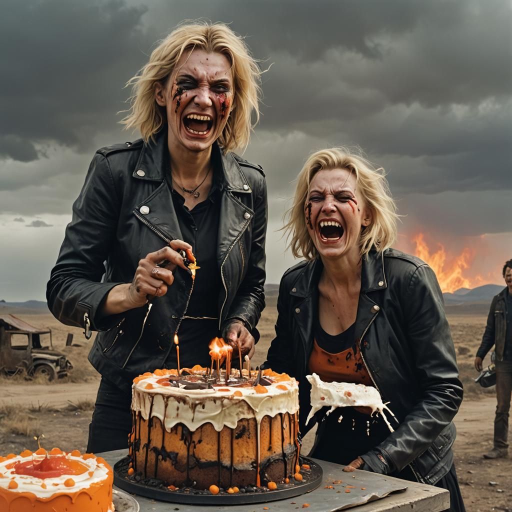 Grotesque Surrealism: Woman Laughing with Chainsaw Cake