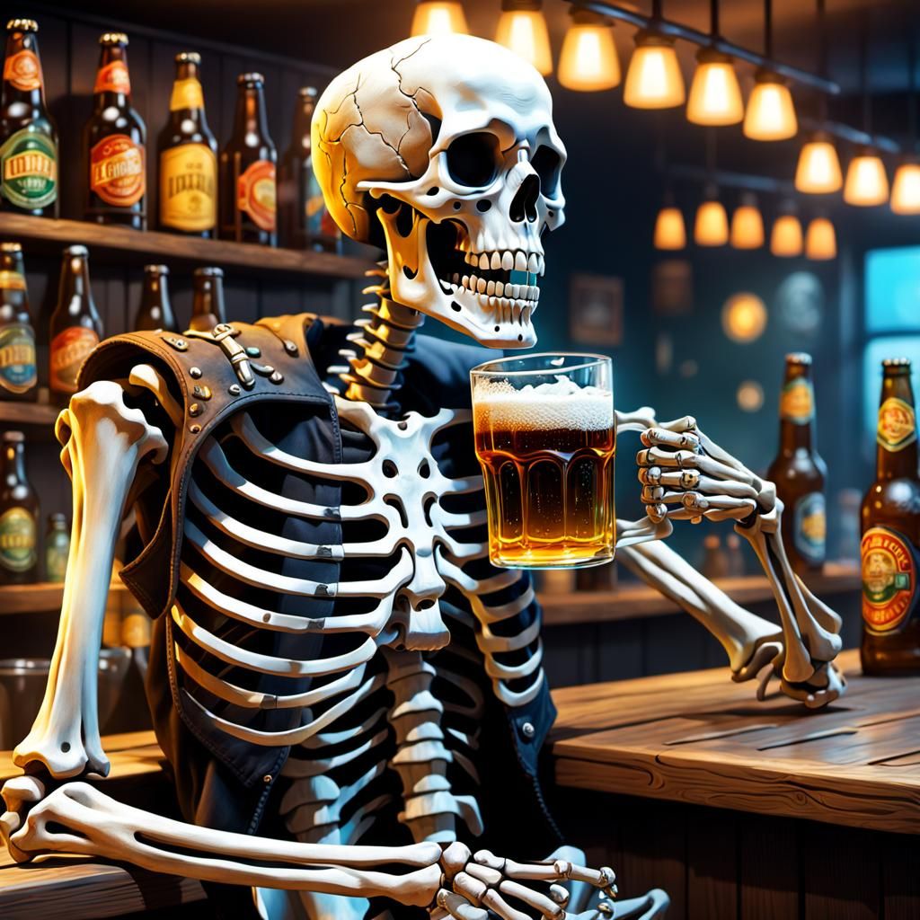 Hyperrealistic Skeleton Drinking Beer in Bar