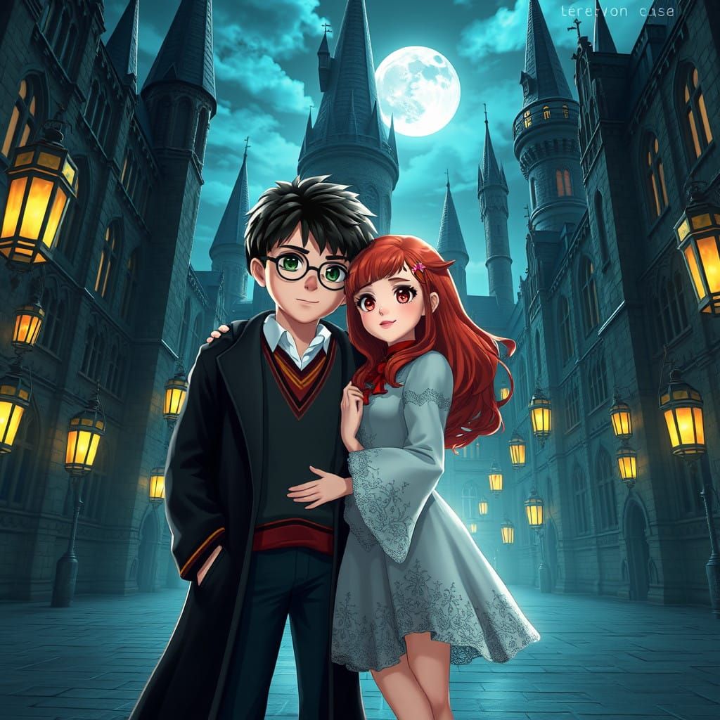 Harry and Ginny Weasley in Majestic Hogwarts Courtyard