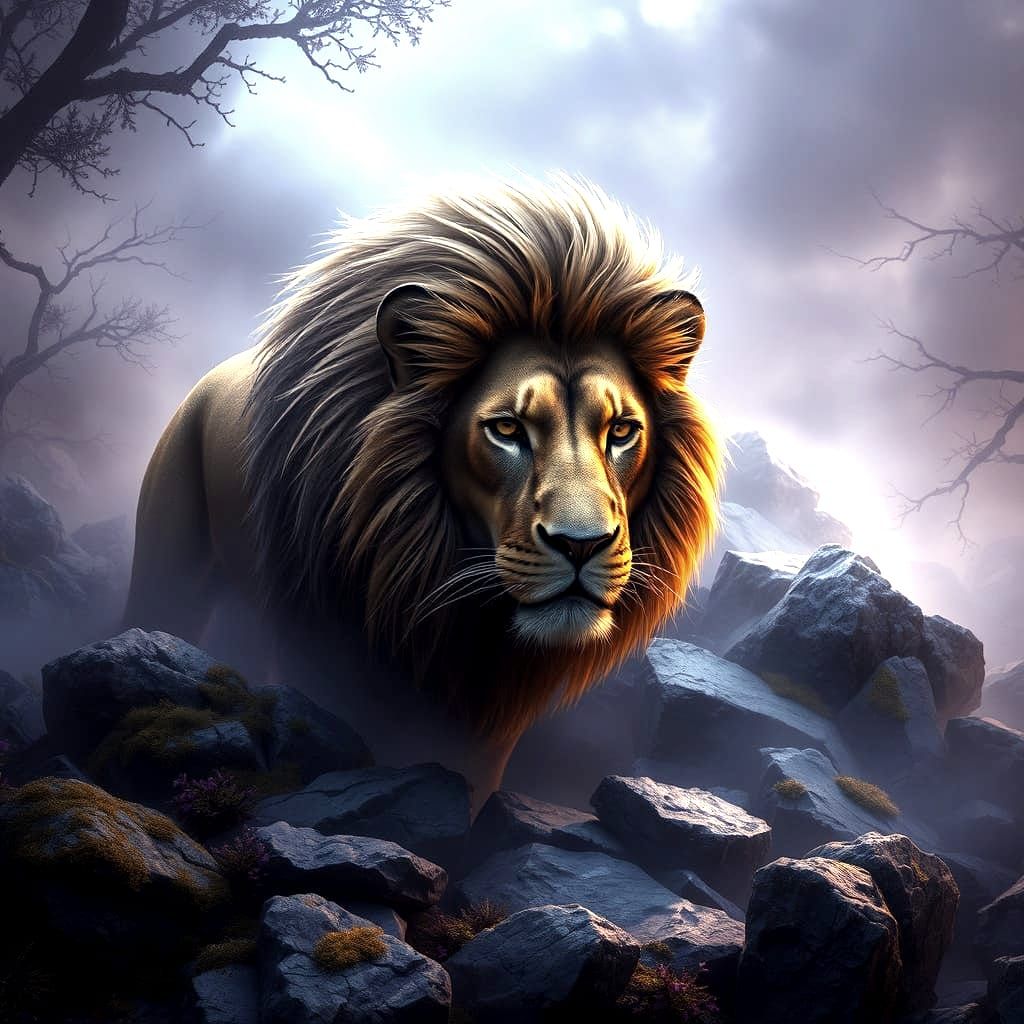 A majestic lion emerges from rocky terrain, blending seamlessly with nature. Surrounded by misty forests and smooth ston...
