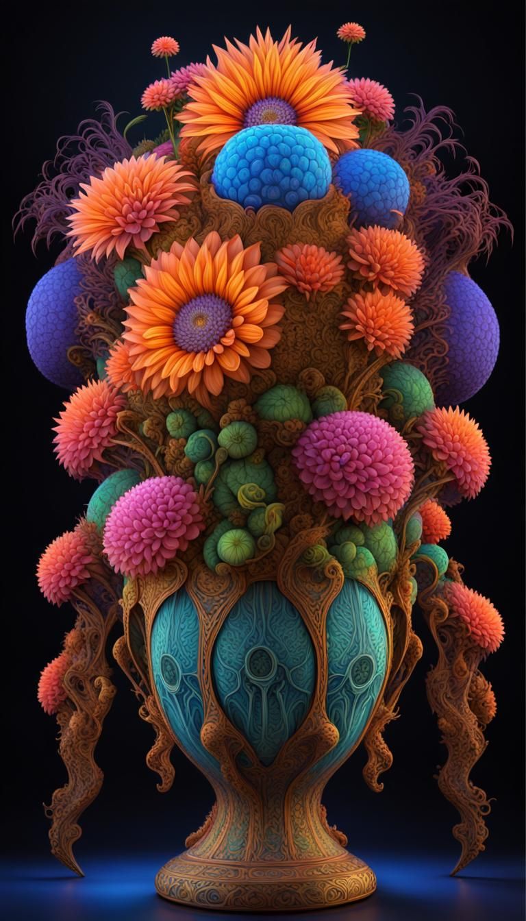 Exotic Alien Flowers in Bone Vase: Sci-Fi Illustration