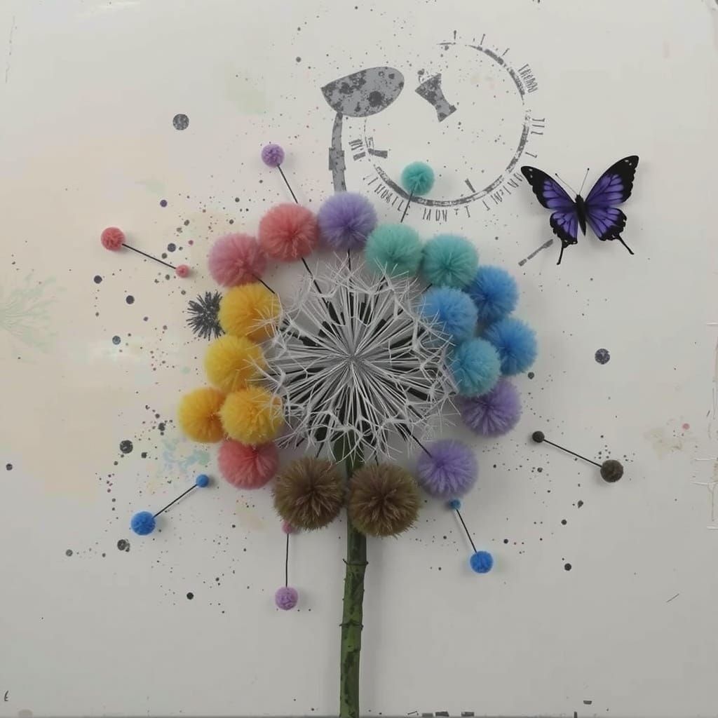 Colorful Pom-Pom Dandelion Sculpture in Mixed Media Style
