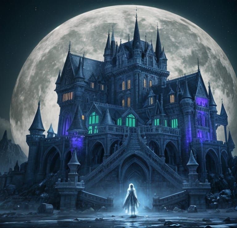 Ghostly Woman Before Haunted Castle in Moonlight