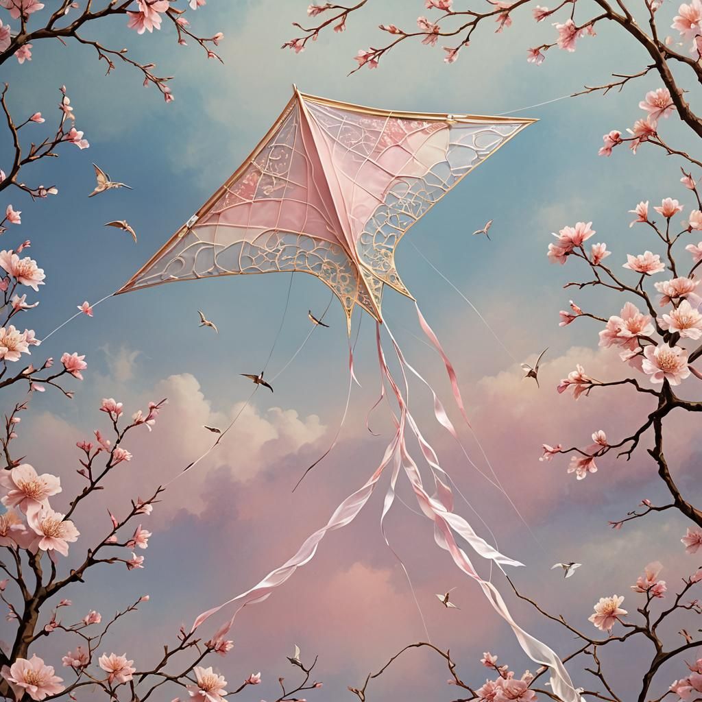 Cherry Blossom Kite Soaring in Pastel Sky