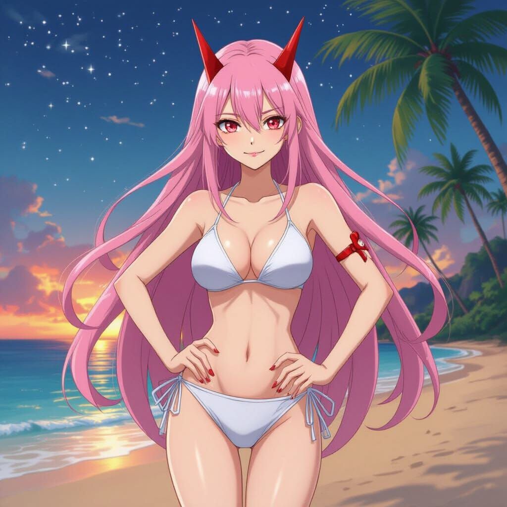 Zero Two on Tropical Beach in Anime Art Style
