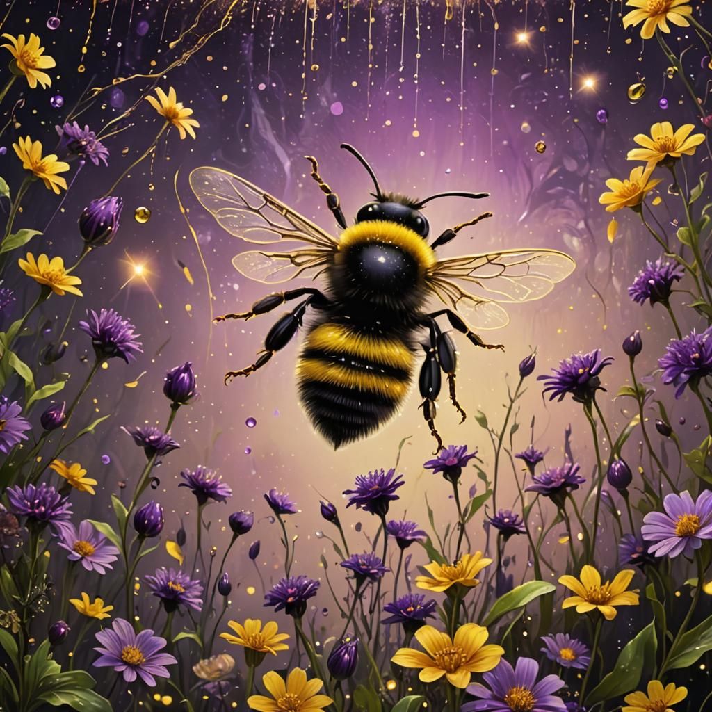Whimsical Bumble Bee in Mystical Floral Scene