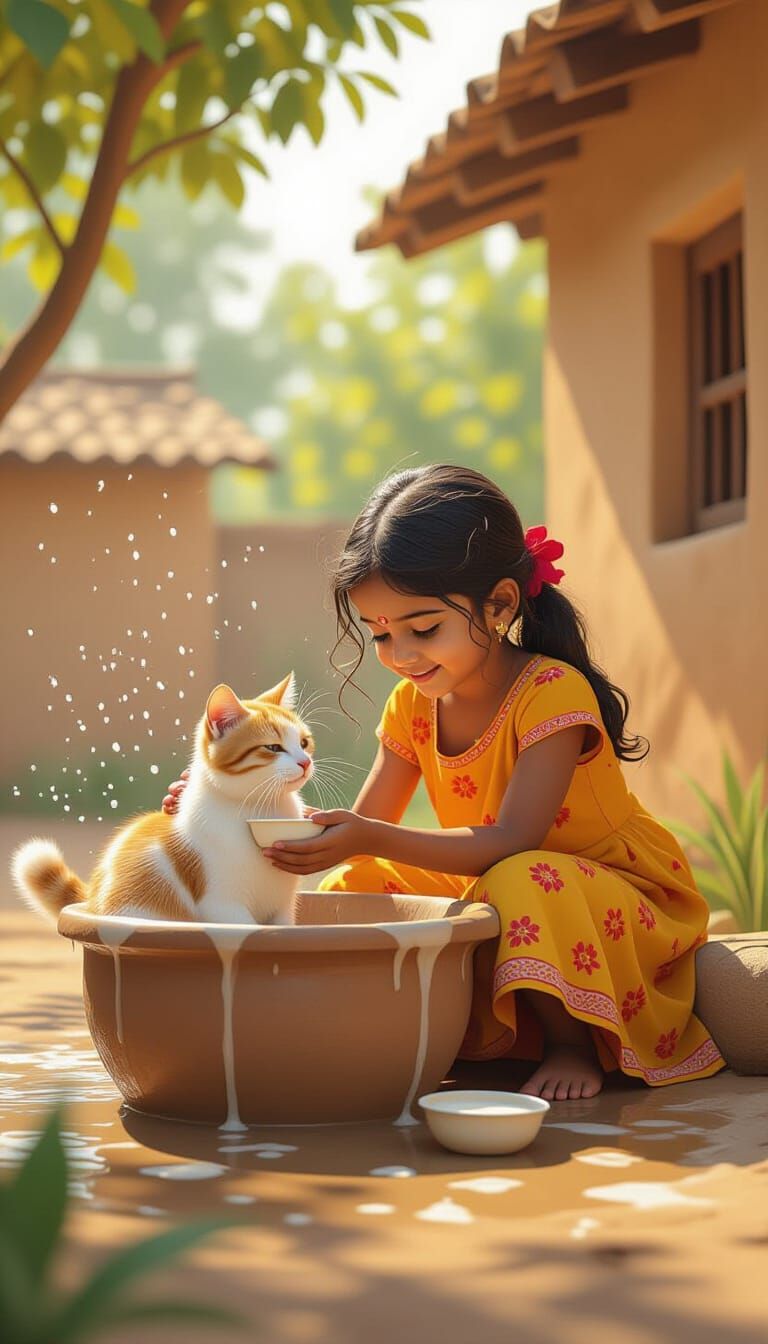 Girl Bathing Cat in Rural Indian Cartoon Style