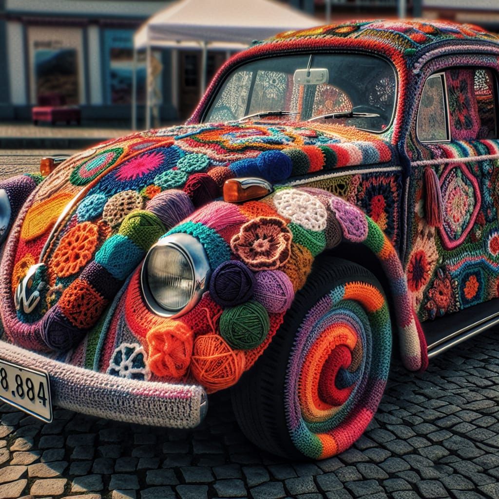 Vintage Beetle Covered in Colorful Crochet