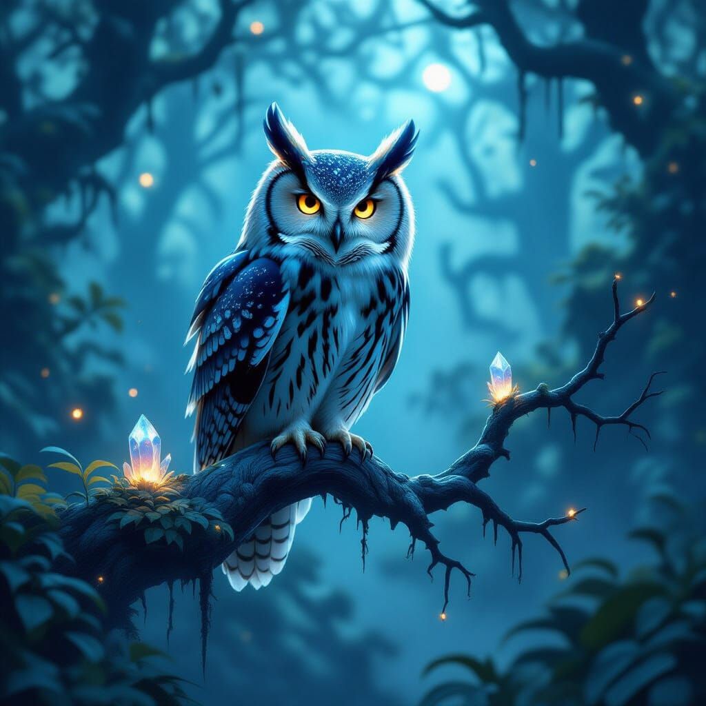 Majestic Owl with Bioluminescent Feathers in Alien Forest