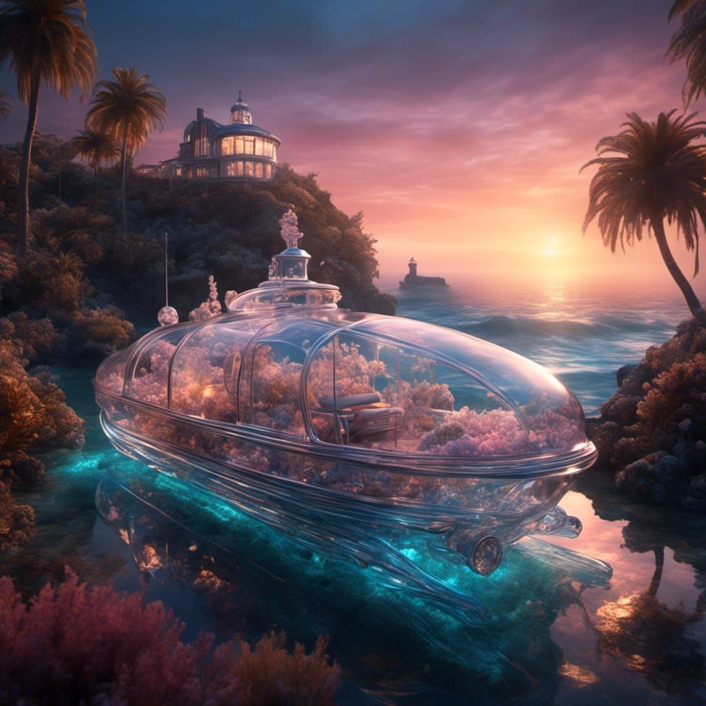 <lora:glass:1.0> playful, transparent glass car boat, floati...