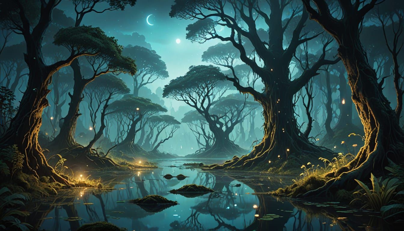 Luminoxis Drifting Through Misty Wetland: Digital Matte Pain...