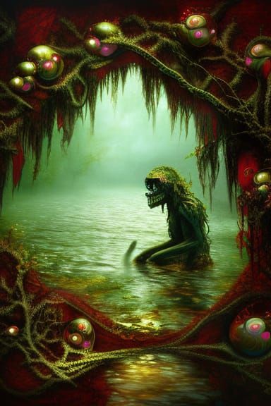 Creepy Shadow Monster in Swamp Cave: Dark Fantasy Art