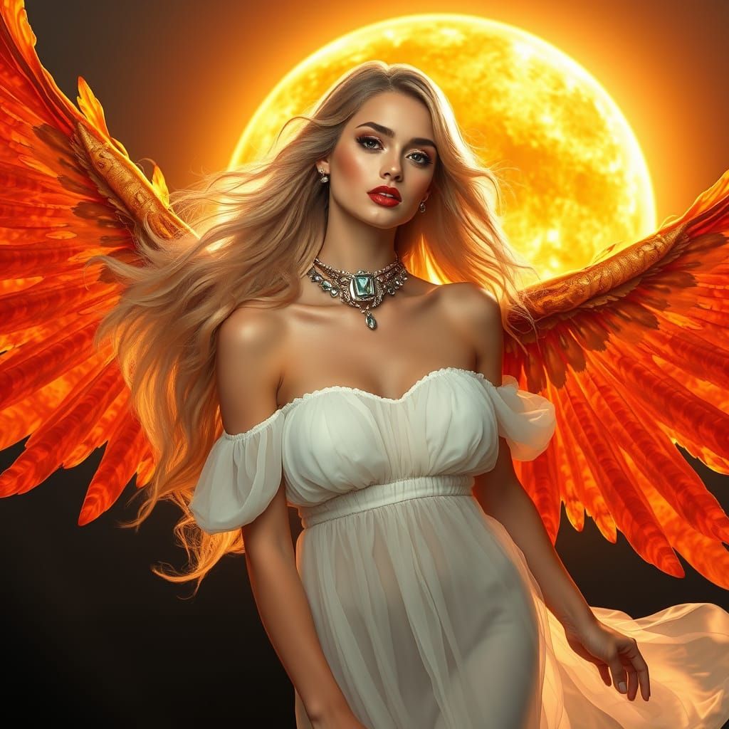 Goddess Emerges from Blazing Sun in Fiery Glory