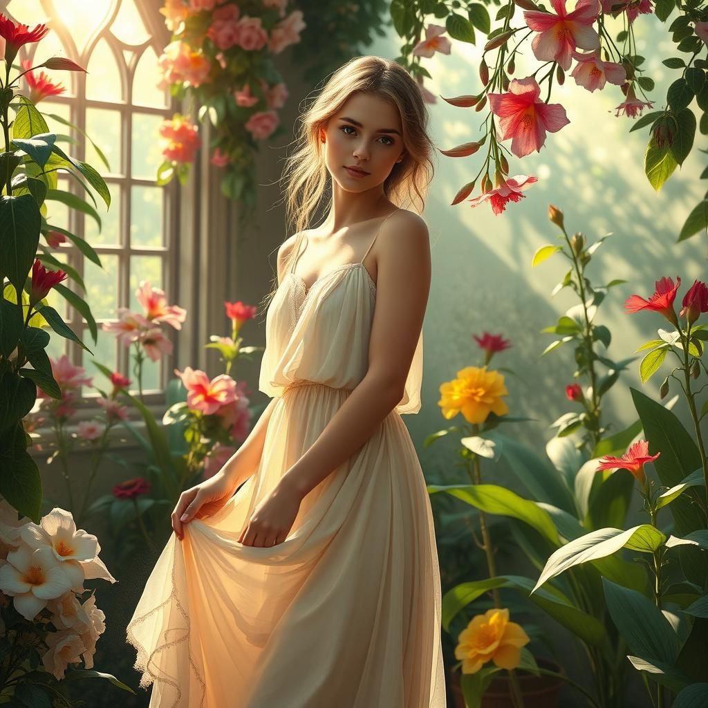 Elegant Woman in Lush Indoor Art Nouveau Garden