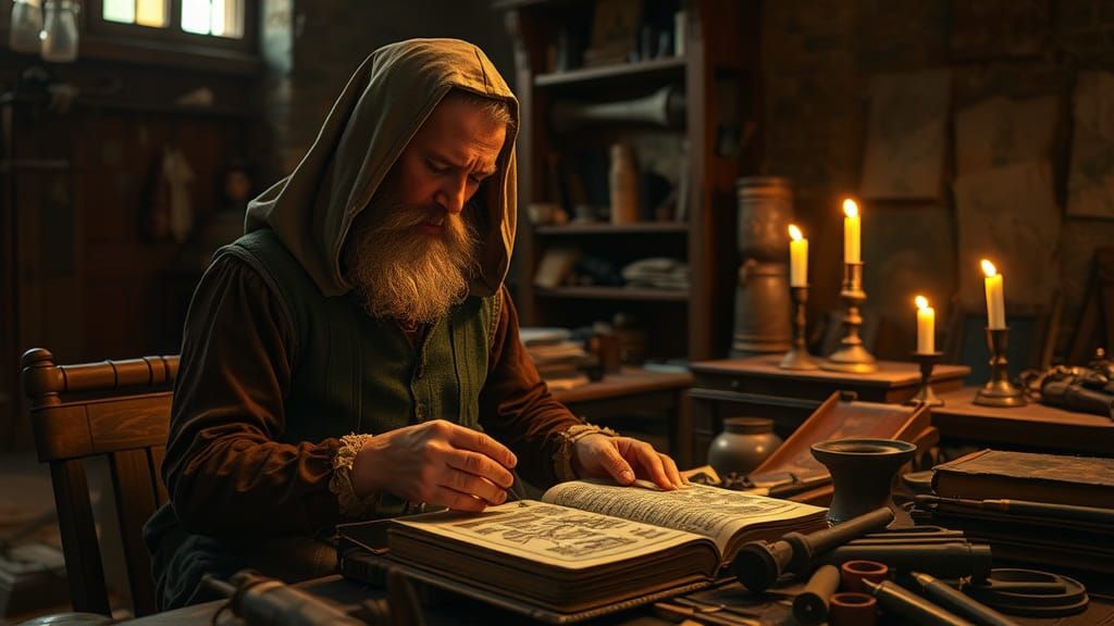 15th Century Artisan Crafting a Book